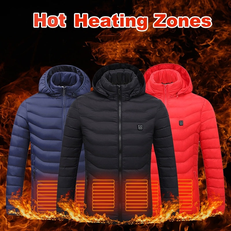 Unissex Heated Puffer Jacket | Electric Heating Coat with Insulated Hood and Windbreaker | 9 Heat Zones