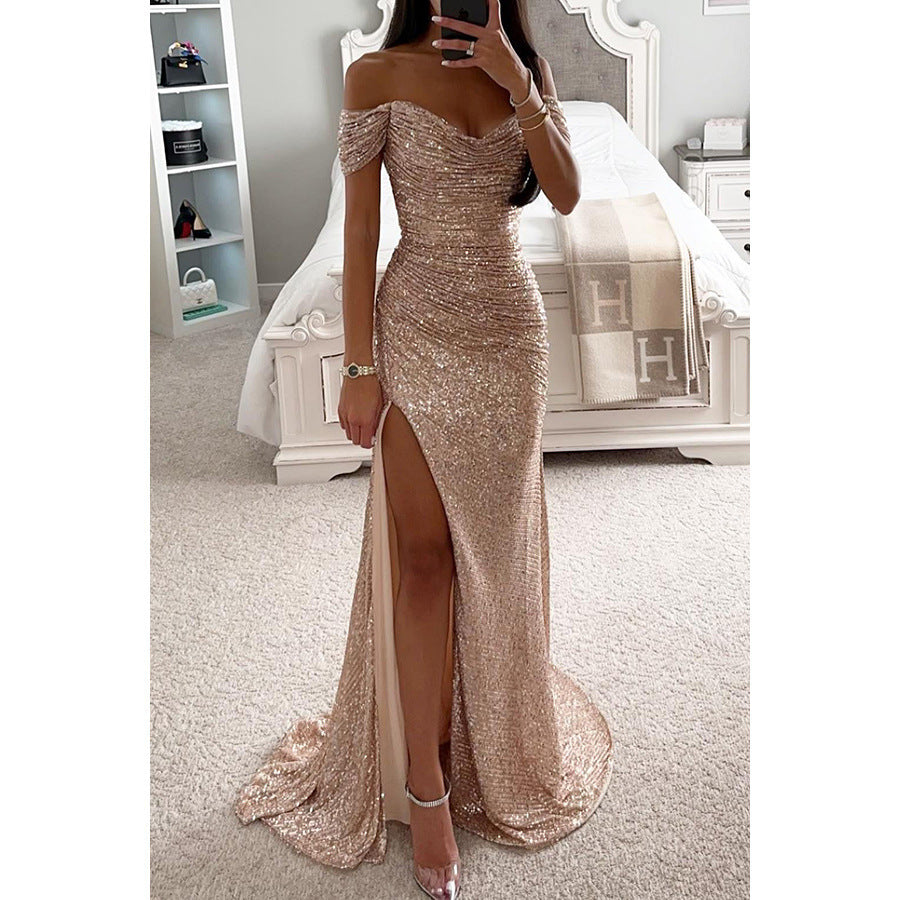 Party Sequins Off-Shoulder Split Dress for Women