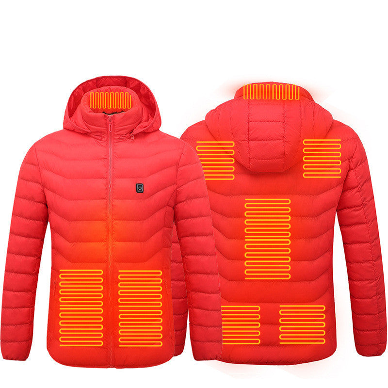 Unissex Heated Puffer Jacket | Electric Heating Coat with Insulated Hood and Windbreaker | 9 Heat Zones