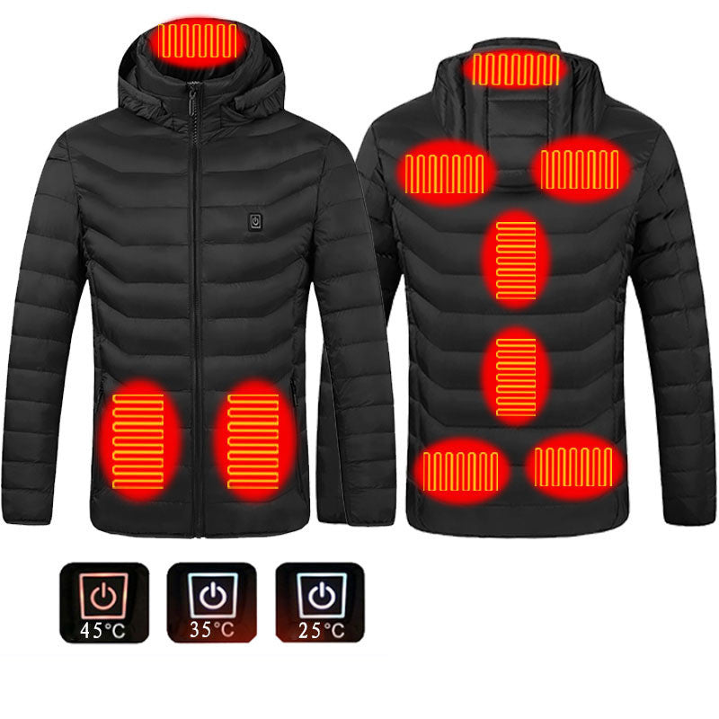 Unissex Heated Puffer Jacket | Electric Heating Coat with Insulated Hood and Windbreaker | 9 Heat Zones